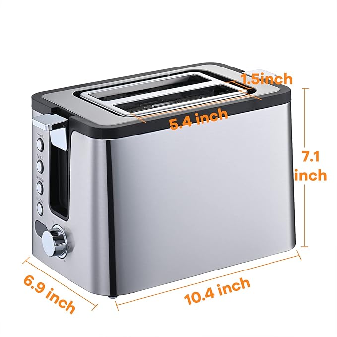 Mecity Toaster 2 Slice Stainless Steel Body Timer Bagel Defrost Reheat Cancel Functions Warming Rack Removable Tray 6 Browning Settings Extra Wide Slots Bread Toaster 800W