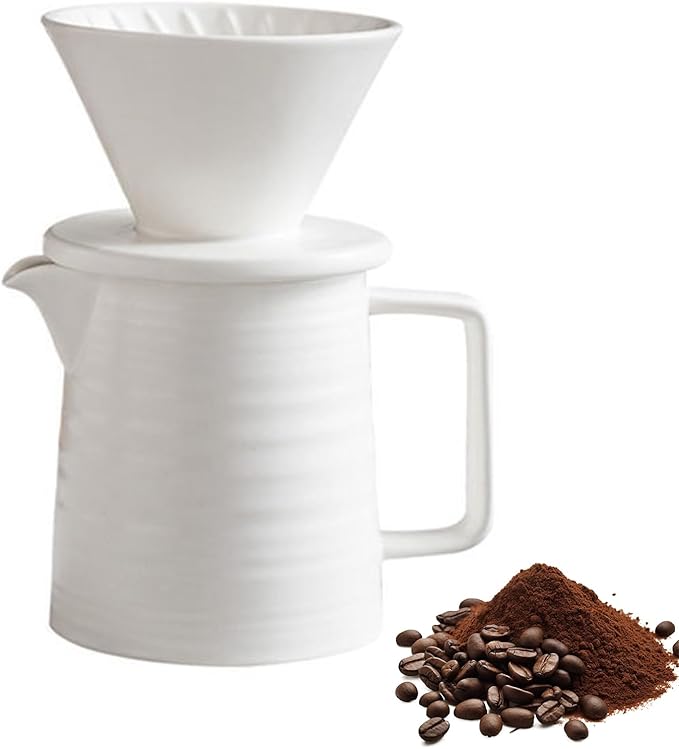 Coffee Filter Porcelain With Cup34oz Pour Over Coffee Maker With Ceramic Mug Coffee Pot With Filter Pour Over Coffee Dropper Coffee Filter Reusable (White)