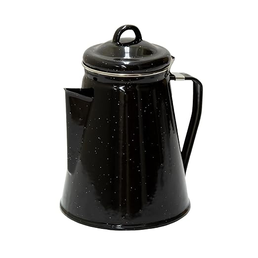 Stansport Enamel 8-Cup Percolator Coffee Pot and 4-Mug Set - Heavy-Duty Campfire Coffee Maker with 12oz Mugs - Percolator Stem Included - Double Baked Enamelware for Camping Hiking RV &amp Cabin