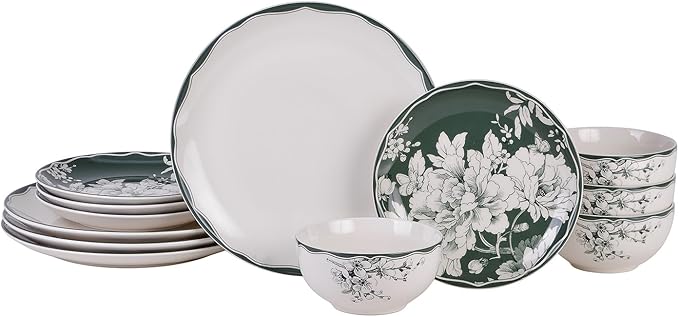 222 Fifth 12-Piece Porcelain Dinnerware Set for 4 White &amp Sage Green Plates and Bowls Set Glossy Ceramic Dish Set with Detailed Floral Design Microwave &amp Dishwasher Safe Dishes for Dining