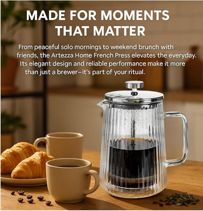 French Press Coffee Maker 650ml/22oz &amp 7-Piece Grey Silicone Utensil Set with Bamboo Holder – An Exquisite Culinary Ensemble for Coffee Enthusiasts and Culinary Artisans
