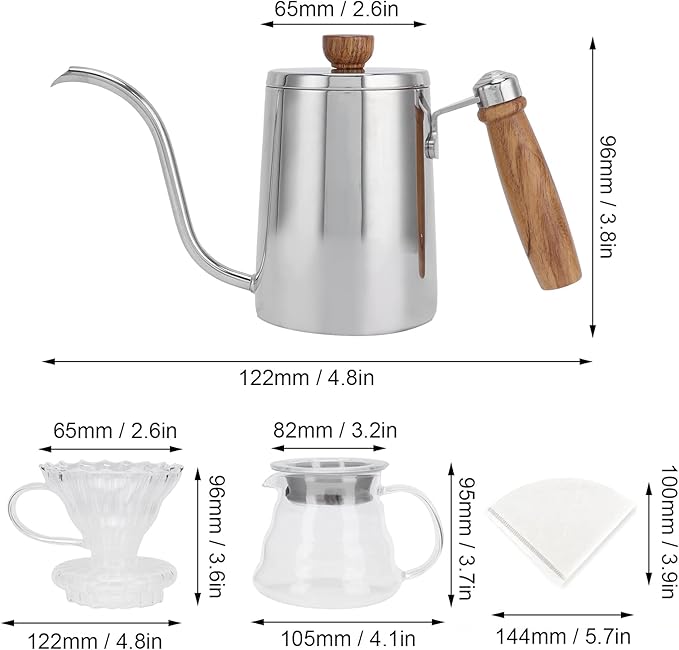 EVTSCAN Pour Over Kettle 5Pcs/Set Pour Over Coffee Maker Set Brewing Drip Coffee Coffee Pot Filter Funnel Kit Gift(Sliver)