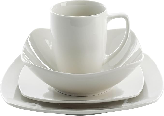16-Piece Dinnerware Set White Solid Casual Square Porcelain 16 Piece Dishwasher Safe