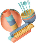 4sets Portable Cutlery Set Straw Bowl Cup Plate Farmhouse Dinnerware Wheatstraw Dinnerware Set