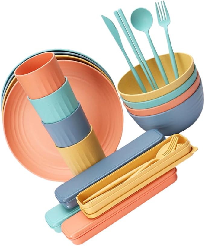 4sets Portable Cutlery Set Straw Bowl Cup Plate Farmhouse Dinnerware Wheatstraw Dinnerware Set