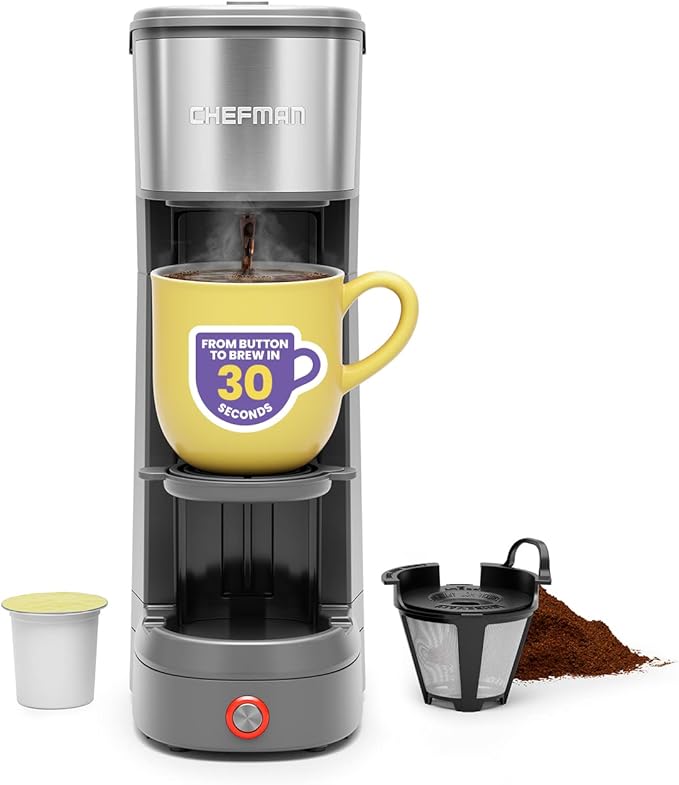 Chefman InstaCoffee Max The Easiest Way to Brew the Boldest Single-Serve Coffee Use Fresh And Flavorful Grounds or K-Cups With A Convenient Built-In Lift Grey