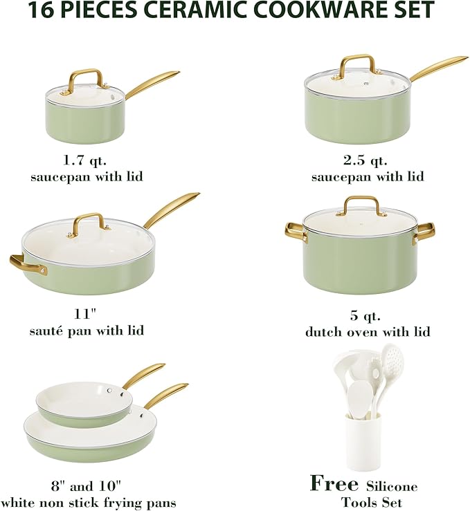Pots and Pans Set Non Stick - VONIKI Ceramic Cookware Set with Cooking Utensils Set Non Toxic Kitchen Cookware Sets Dutch Oven Pot with Lid Saucepan Set Sauté Pan Frying Pan Set for Cooking Gifts
