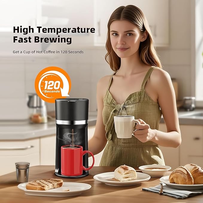 Portable Coffee Maker Single Serve with Grinder - 120s Brew Ceramic Burr 4 Cup Sizes(6-12oz) BPA-Free Window Auto Descaling Alert Compact for Travel (7.85x4.33x9.45in)