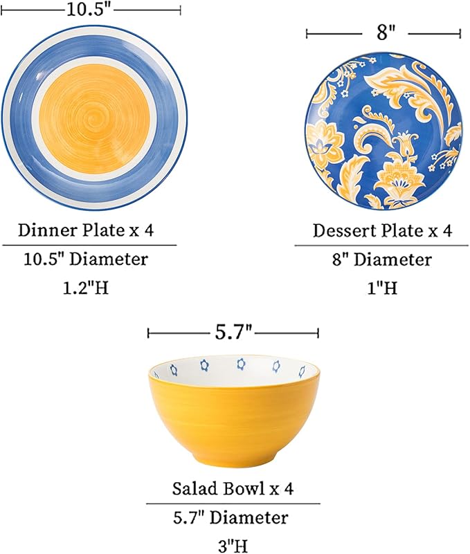 Wisenvoy Plates and Bowls Sets Ceramic Dinnerware Sets Plate Set Porcelain Dishes Set for 4 Dinner Plates