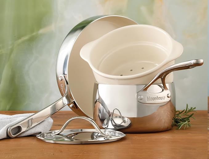 Bloomhouse 4-Piece Triply Stainless Steel Pots and Pans Cookware Set w/Non-Stick Non-Toxic Ceramic Interior and Ceramic Steamer Insert