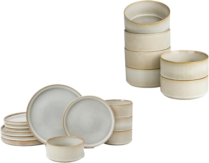 Famiware Dinnerware Set for 4 (12 Piece) and 5.5 Soup Bowl Set (6 Pieces) - Cappuccino White