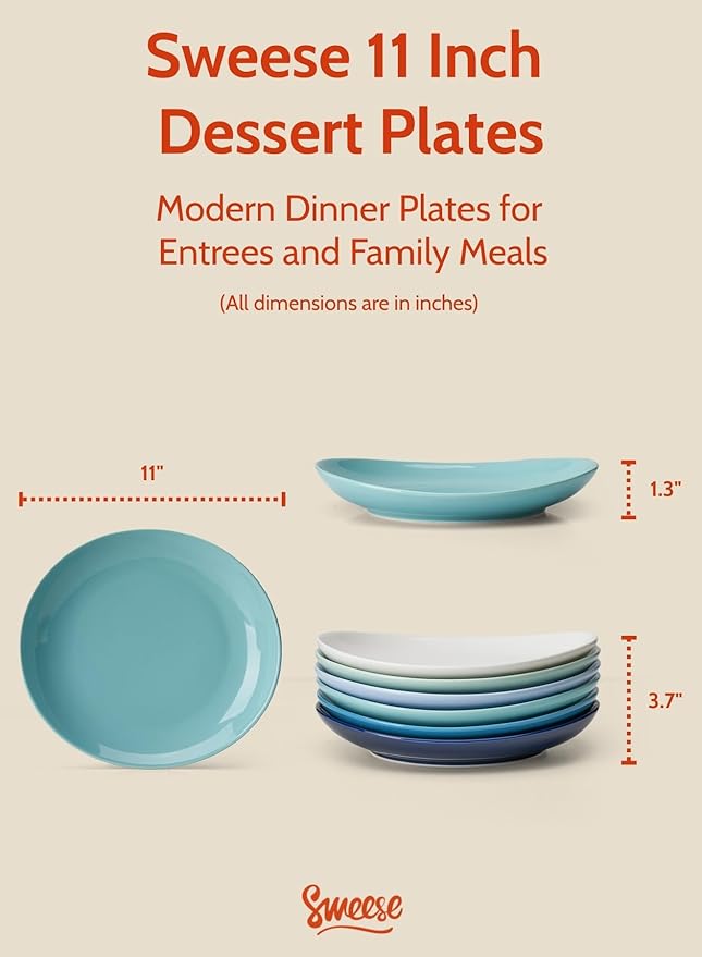 Sweese Porcelain Dinner Plates - 11 Inch Dinner Plates Set of 6 - Dishwasher Microwave Oven Safe - Azure Dreamscape Color