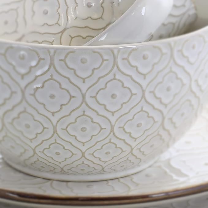 16 Piece Stoneware Dinnerware Set – Off-White Ogee Pattern Microwave &amp Dishwasher Safe Plates Bowls and Mugs