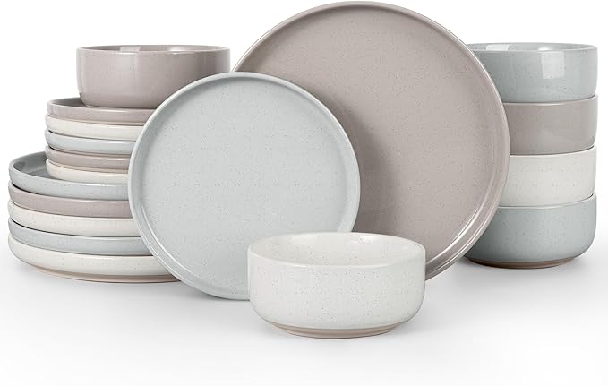 Vesteel 18-Piece Dinnerware Set Ceramic Plates and Bowls Set for 6 Speckled Stoneware Dishes Set for Family Microwave &amp Dishwasher Safe - Multi-Color