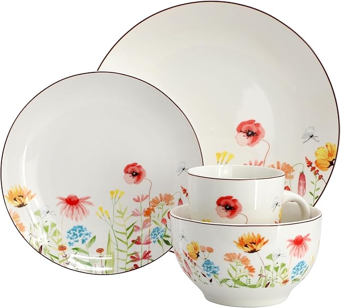 Wildflower Meadow 16 Piece Stoneware Dinnerware Set – White Dinner Plates with Floral Design Bowls and Mugs – Microwave &amp Dishwasher Safe
