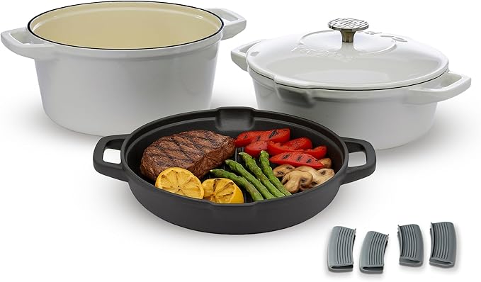 NATIVO 5pc Stackable Cast Iron Cookware Set Versatile Enamel Dutch Oven Seasoned Grill Pan &amp Enamel Braiser with Precision Pour Spouts Universal Lid Included Spacers/Handle Holders White Dutc