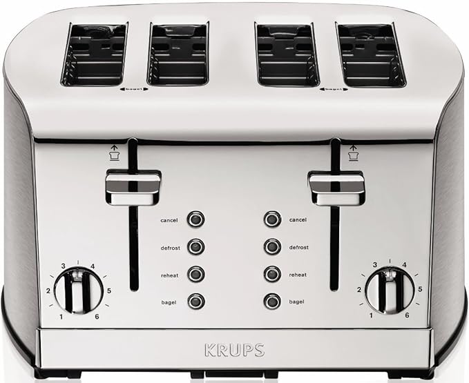 KRUPS: Breakfast Set Stainless Steel Toaster 4 Slice 1500 Watts 6 Brown Settings Defrost Reheat High Lift Lever Silver Matte and Chrome