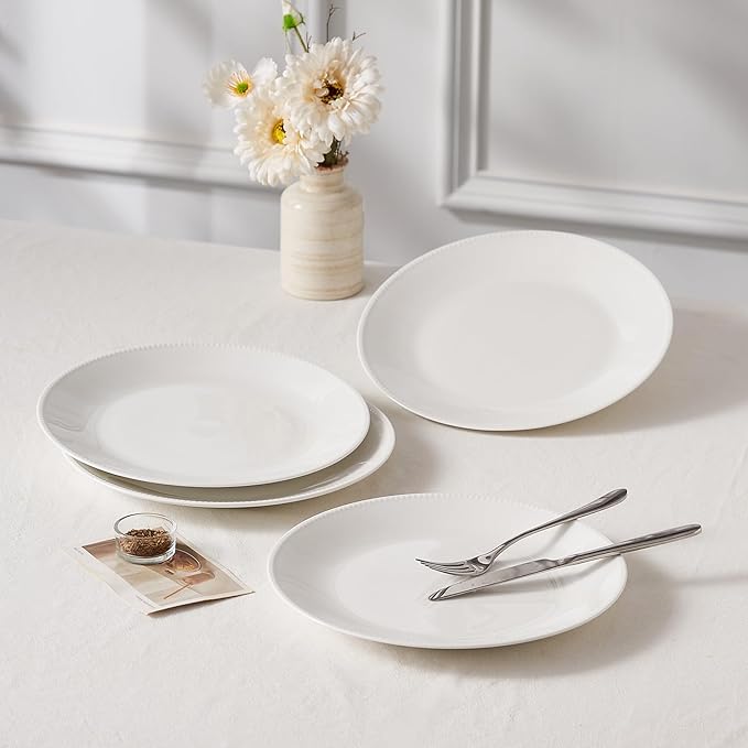 Silvanest16 Piece Bone China Dinnerware Set Embossed Plates Bowls Chip-Resistant Lightweight Elegant and Durable Service for 4 White