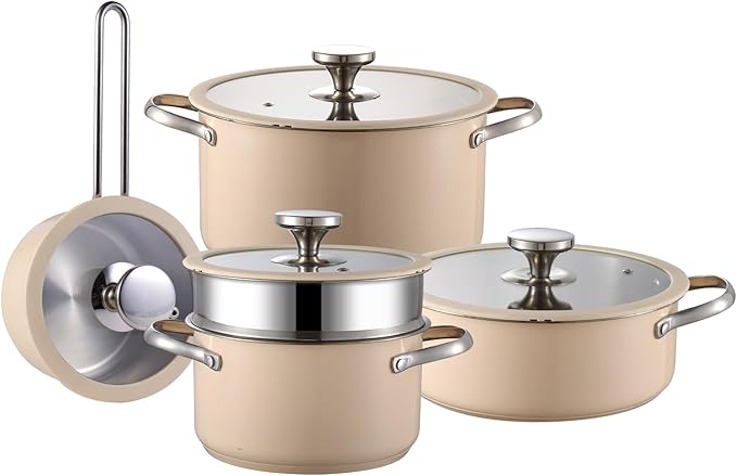 304 9pcs Stainless Steel Cookware Set Nonstick Kitchen Cookware SetBeige High Temperature Ceramic Paint Including 1 Milk Pot 3 Different Sizes Of Stockpot 1 Steam Tray For All Stoves