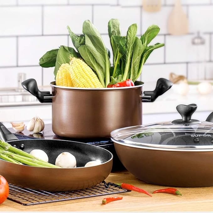 3-Piece Aluminum Cookware Set Non-Stick Coating Induction-Compatible Base Oven Safe Pots with Lids &amp Frying Pan Set