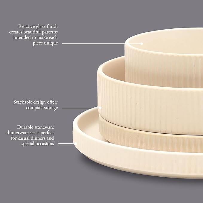 Gibson Elite Deerfield 16-Piece Stoneware Dinnerware Set – Cream White Reactive Glaze Plates and Bowls Stackable Design Service for 4 – Dishwasher &amp Microwave Safe