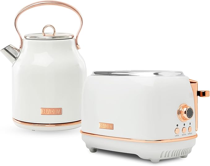 Haden Heritage 2 Slice Wide Slot Stainless Steel Toaster Bundled with 1.7 Liter Stainless Steel Electric Water Kettle Ivory &amp Copper