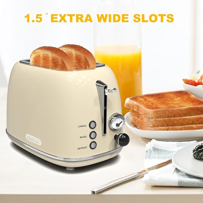 Toaster 2 slice KitchMix Retro Stainless Steel Toaster with 6 Settings 1.5 In Extra Wide Slots Bagel/Defrost/Cancel Function Removable Crumb Tray (Cream)
