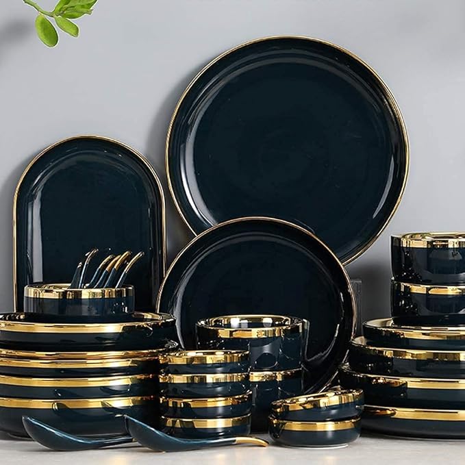 Dining Plate Set Dinnerware Sets for 2/4/6 - Dinner Plates/Sets - Plate Set - Nordic Style Dishes Set - Plates and Bowls for Home Kitchen and Dinning (Gold 18 pcs)