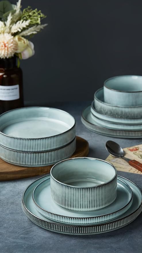 Famiware Star Dinnerware Set with Plates and Bowls Service for 4 (16-Piece) Stoneware Kitchen Dishes Dinner Sets - Smoky Blue