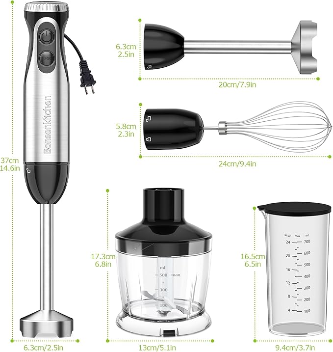 Bonsenkitchen Immersion Blender Handheld with Food Processor 20 Speeds Hand Blender with Turbo Mode Stainless Steel Blade Egg Whisk Beaker &amp Chopper Bowl Hand Mixer for Smoothie Soup Baby F