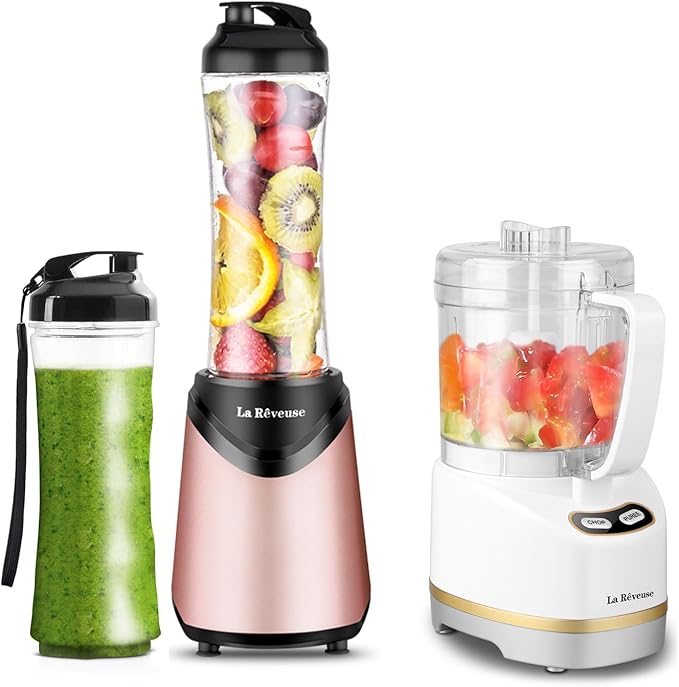 La Reveuse 300W Personal Size Blender (Pink) + La Reveuse 2-Cup Mini Food Chopper (White)