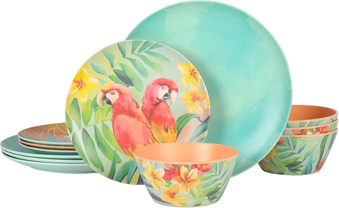 LauraGates 12 Piece Tropical Parrots Floral Melamine Dinerware Set - 4 Dinner Plates 11 inch 4 Dessert Plates 8.7 inch and 4 Bowls 5.9 Inch