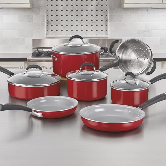 Cuisinart 54C-11R 11-Piece Ceramica XT Nonstick Cookware Set Red/Stainless Steel