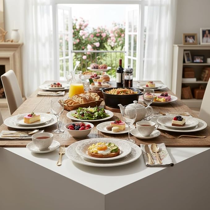 12-Piece Linen Lace Ceramic Dinnerware Set Microwave &amp Dishwasher Safe Rustic Elegance Design 4-Person Set for Daily Family Meals &amp Formal Entertaining