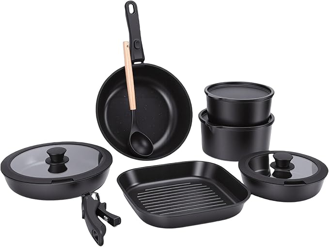 Fockety 3 Piece Pots and Pans Set Premium Aluminum Nonstick Cookware with Detachable Handle and Glass Lid Oven Safe up to 550F for Induction Stovetop and Dishwasher