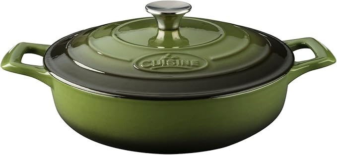 La Cuisine Piece Enameled Cast Iron 5 pc Set Pro Range 3.75QT Saute 6.5QT Round w/lid 10 Fry Pan-Green Olive (LC2650MB)