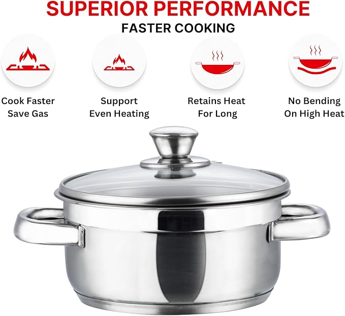 Vinod Bremen Stainless Steel Saucepot Set of 3 with Glass Lid | 2.5mm Thick Base | Riveted Sturdy Handle | | Induction and Gas Base - Silver