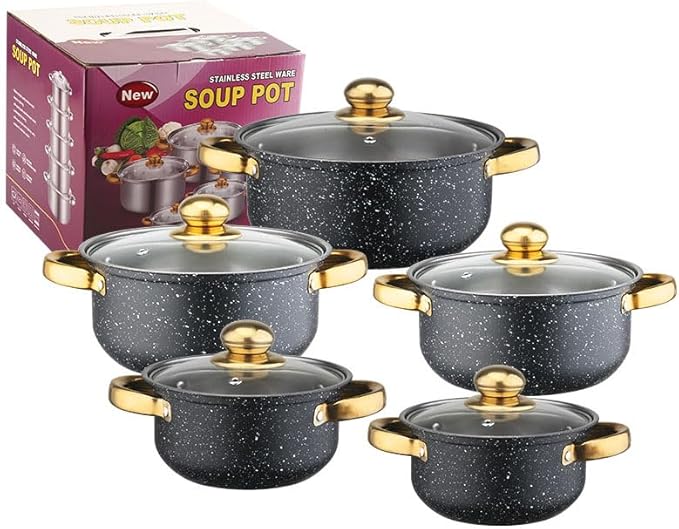 10PCS Stainless Steel Cookware Sets Nonstick Cookware Pot Dishwasher Safe Pots with Glass Lids for Soup Pasta Stew Rice Healthy Everyday Use for Gas Electric Halogen Ceramic Induction Hobs 09