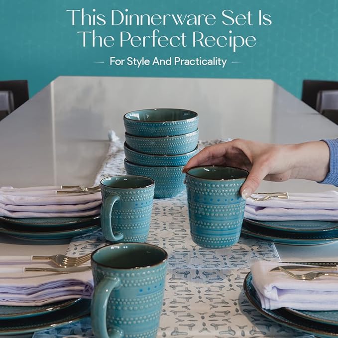 American Atelier 16-Piece Teal Stoneware Dinnerware Set - Includes Dinner Plates Salad Plates Bowls Mugs