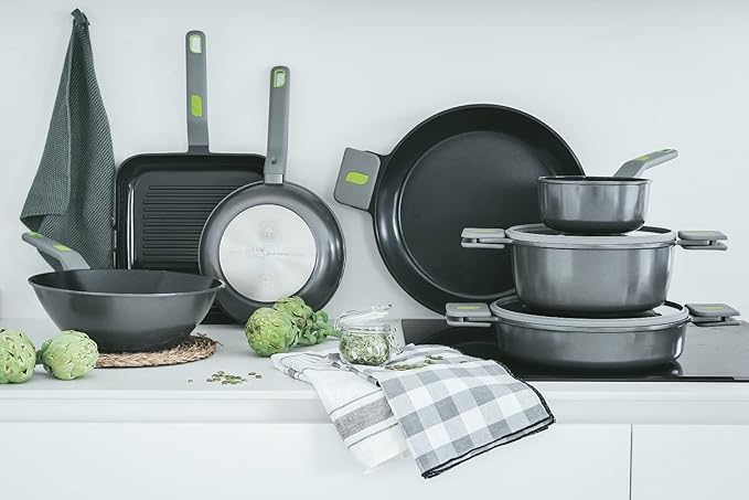 BRA LIFE – 9 Pieces of Cast Aluminium 100% Recycled Non-Stick Reinforced Ceramic without PFOA without PTFE Suitable for All Types of Cookers and Induction