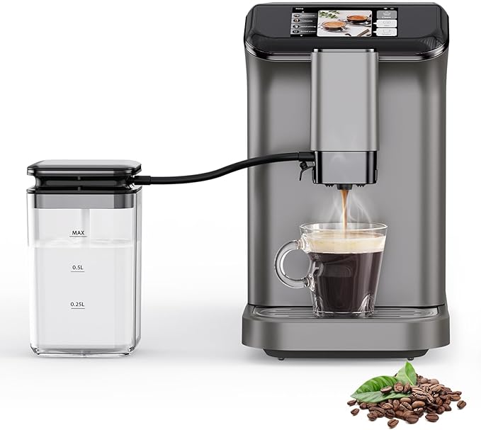 Fully Automatic Espresso Machine with Milk Frother Built-in Grinder 4 Coffee Options Touchscreen Display and Sleek Modern DesignGrey