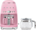 Smeg DCF02 Drip Coffee Maker Bundle with Extra Glass Carafe DCFC01 – 10-Cup Capacity Auto Start Keep Warm Function Retro 1950s Design – Pink
