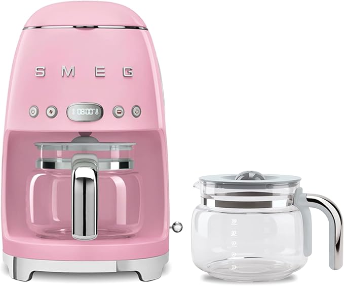 Smeg DCF02 Drip Coffee Maker Bundle with Extra Glass Carafe DCFC01 – 10-Cup Capacity Auto Start Keep Warm Function Retro 1950s Design – Pink