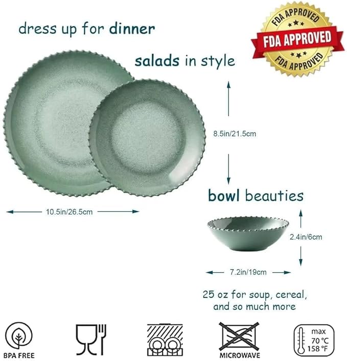MissYIP 12 Piece Melamine Dinnerware Sets Service for 4 Lightweight Unbreakable BPA Free Food Grade Plates Sets Dishwasher Top Safe Not Microwave Not Oven Indoor and Outdoor Use
