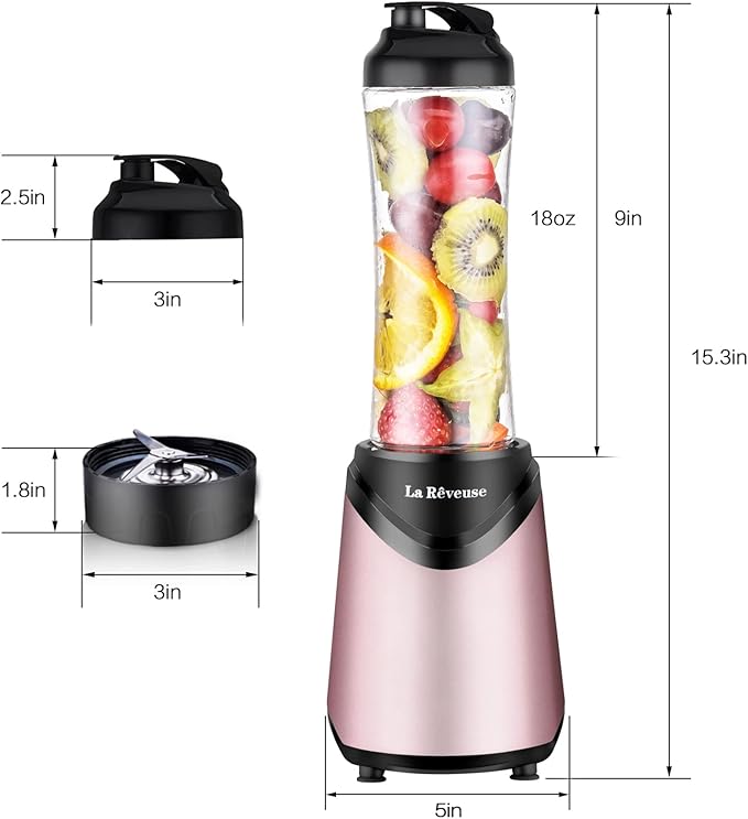 La Reveuse Smoothies Blender Personal Size 300 Watts with 18 oz BPA-Free Portable Travel Sports Bottle(Silver+Pink)