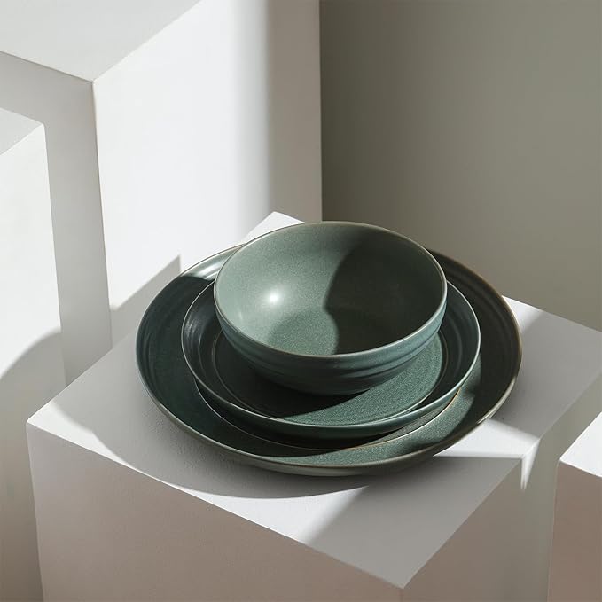 Stone Lain Elio 12-Piece Dinnerware Set Stoneware Plates and Bowls Set Dish Set for 4 Green