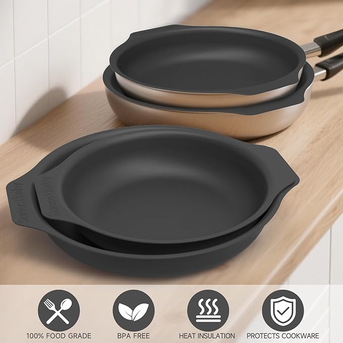 Silicone Pan Protectors &amp Separators for Stacking (10 &amp 12 Inch) - Non-Toxic Heat-Resistant Pads | Dishwasher Safe Durable Cookware Protector (Black Mixed)