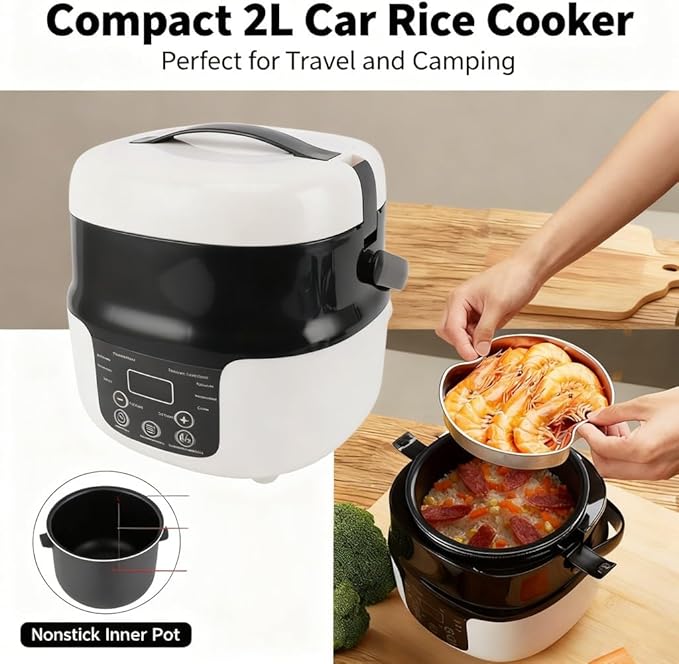 Mini Rice Cooker Electric 2L Nonstick Pot 7 Stage Heat Control 12V 24V for Car Use - Slow Cooking Technology Safe Operation Ideal for Travel and Camping