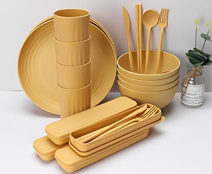 Wheat Straw Bowls Cups And Plates 32-Piece Cutlery Set Wheat Straw Dinnerware Sets 32 Piece Unbreakable Wheat Straw Dinnerware Sets Reusable Wheat Straw Plates And Bowls Sets (Yellow)
