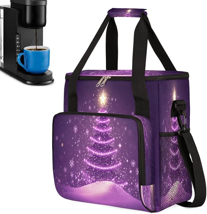 Christmas Glowing Christmas Tree Snowflakes Coffee Maker Carring Bag Travel Carrying Storage Tote Bag Compatible with Keurig K-Mini or K-Mini Plus Portable Single Serve Coffee Brewer Case with Pockets